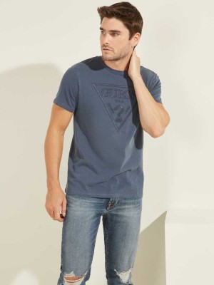 Blue Multicolor Guess Embroidered Logo Men's T-Shirts | 2904-TNCHP