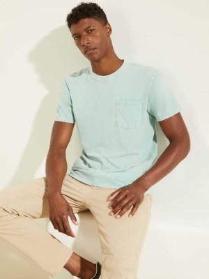 Blue Multicolor Guess Sueded Jersey Men's T-Shirts | 6831-XZGUB