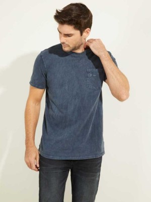 Blue Multicolor Guess Sueded Jersey Men's T-Shirts | 2084-QUVXK