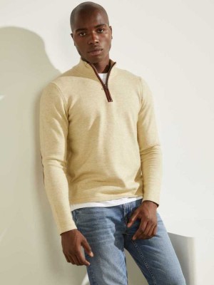 Blue Orange Multicolor Guess Faux-Leather Trim Zip Men's Sweaters | 9407-JQMLF