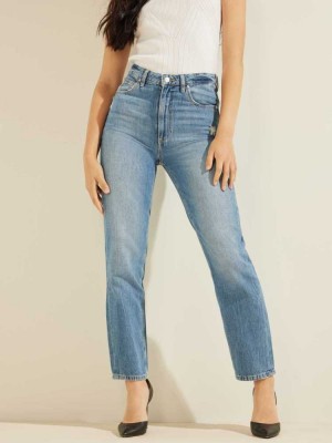 Blue White Guess Distressed Mom Women's Jeans | 7380-VCUQE