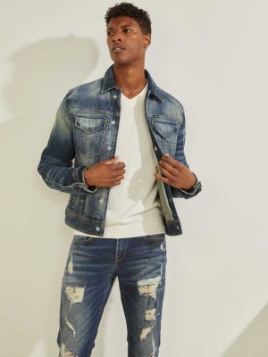 Blue White Guess Eco Denim Moto Men's Jackets | 6724-AMNBD