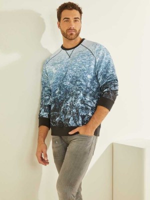 Blue White Guess Eco Willis Men's Sweatshirt | 6403-JXSTY
