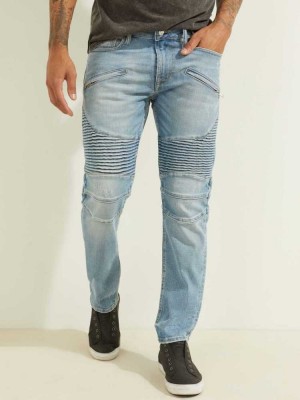 Blue White Guess Slim Tapered Pintuck Moto Men's Jeans | 8265-XARWZ
