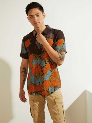Brown Flower Guess Eco Floral Button-Down Men's Shirts | 5240-UBJRN