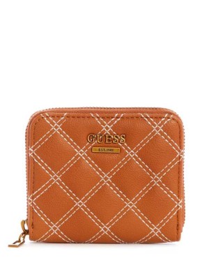 Brown Guess Cessily Quilted Small Zip-Around Women's Wallets | 3210-JQKDS