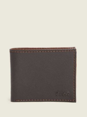 Brown Guess Contrast Stitch Slimfold Men's Wallets | 9842-YKLZR