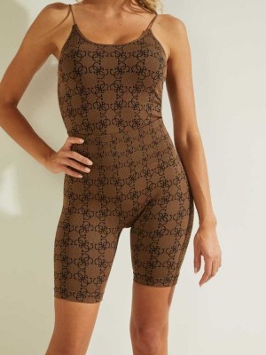 Brown Guess Della Logo Print Women's Shorts | 4693-ABJZV