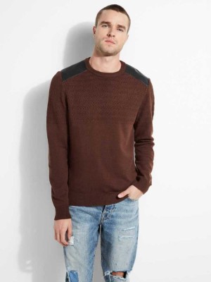 Brown Guess Liam Herringbone Contrast Men's Sweaters | 2795-VKDEM