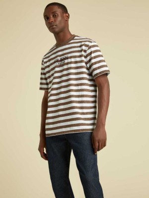 Brown Guess Originals Striped Men's T-Shirts | 6379-TMFKE