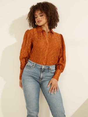 Brown Guess Raven Button-Up Women's Shirts | 2094-VQGUA
