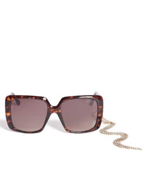 Brown Guess Rhinestone Chain Square Women's Sunglasses | 7258-OGXDC