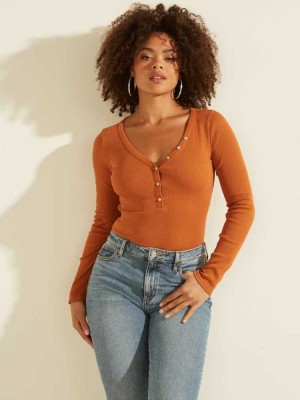 Brown Guess Rhinestone Logo Henley Women's Tops | 7852-WBKIG