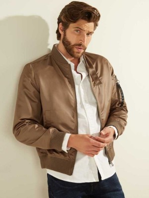 Brown Guess Satin Bomber Men's Jackets | 6179-NDGAQ