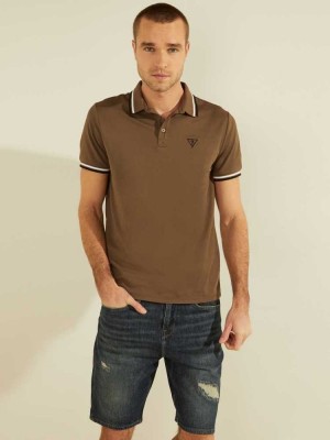 Brown Guess Sports Pique Logo Men's Polo Shirts | 8324-AYXKG