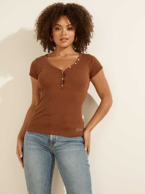 Brown Guess V-Neck Henley Women's T-Shirts | 7453-OQTVY