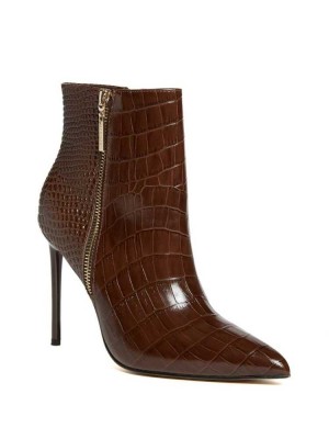Brown Multicolor Guess Croc Leather Zipper Women's Booties | 0315-CSIHP