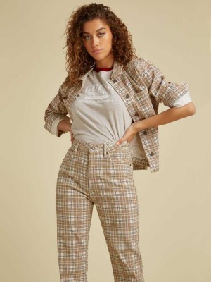 Brown Multicolor Guess Originals Plaid Denim Women's Jackets | 7561-UHPLV