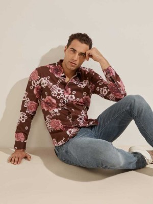 Burgundy Flower Guess Luxe Knoll Garden Men's Shirts | 4831-NBQKW