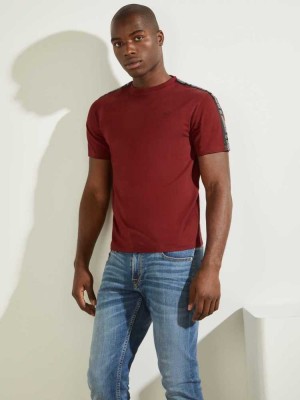 Burgundy Guess Eco Eric Logo Men's T-Shirts | 7290-NFJQB