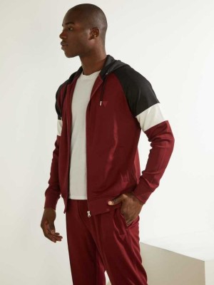 Burgundy Guess Eco Phil Color-Block Zip-Up Men's Hoodies | 7249-DFVLY