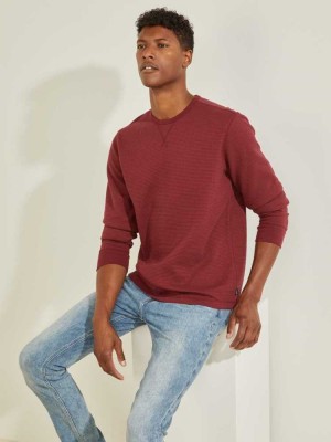 Burgundy Guess Hudson Waffle Men's T-Shirts | 6541-WTYBG