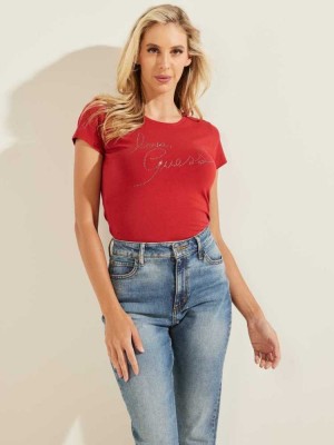 Burgundy Guess Love Rhinestone Women's T-Shirts | 6091-BQJPS