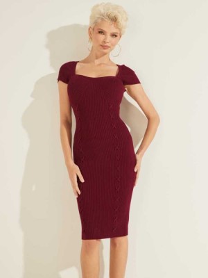 Burgundy Guess Margot Ribbed Women's Dresses | 0786-WYKLD