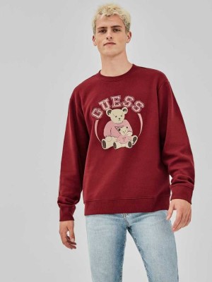 Burgundy Guess Originals Bear Crewneck Men's Sweatshirt | 1936-UZSIC