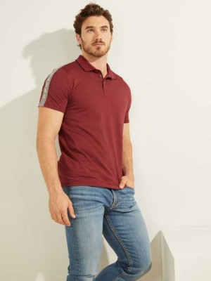 Burgundy Guess Pique Logo-Taping Men's Polo Shirts | 1930-JSOYB