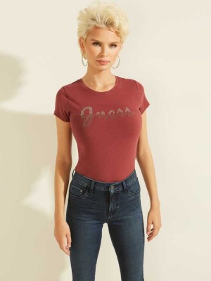 Burgundy Guess Split Script Logo Women's T-Shirts | 0718-VFZQX