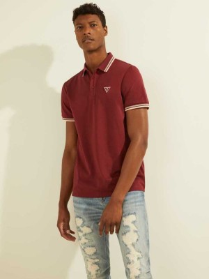 Burgundy Guess Sports Pique Logo Men's Polo Shirts | 4015-JCXSI