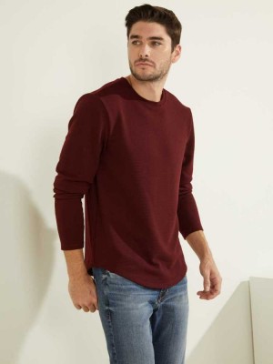 Burgundy Guess Textured Jersey Crewneck Men's Sweatshirt | 0524-SCUOA