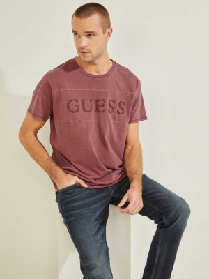 Burgundy Rose Guess Chenille Logo Men's T-Shirts | 6452-KBZYQ