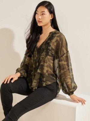 Camo Green Guess Eco Diamante Women's Blouse | 7954-CIMAE