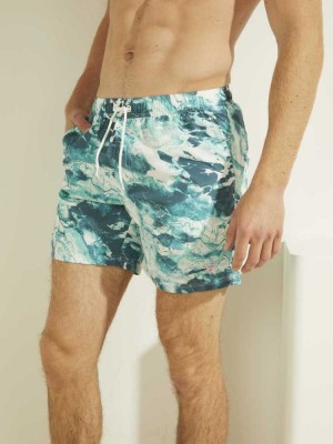 Camo Green Guess Printed Swim Trunks Men's Swimwear | 0981-JULRH