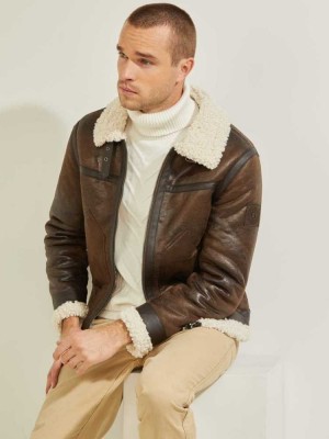 Chocolate Brown Guess Aviator Shearling Men's Jackets | 9672-ZCEHI