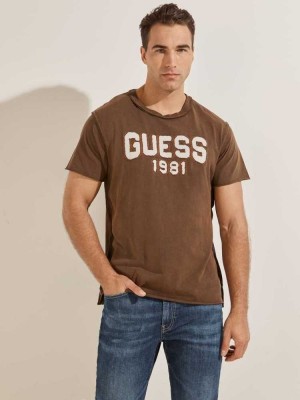 Chocolate Brown Guess Eco Raw Patchwork Logo Men's T-Shirts | 8649-LJXKH