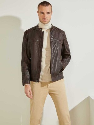 Chocolate Brown Guess Leather Biker Men's Jackets | 6245-CJEVD