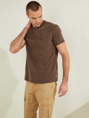 Chocolate Brown Multicolor Guess Sueded Jersey Men's T-Shirts | 9872-SITGP