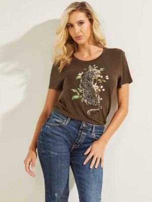 Coffee Guess Cheetah Bloom Easy Women's T-Shirts | 6543-PSZDB