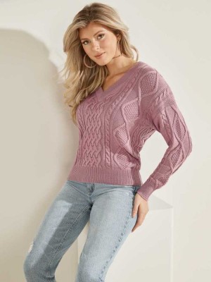 Coral Guess Noemi Cable Knit Women's Sweaters | 5971-GEFLJ