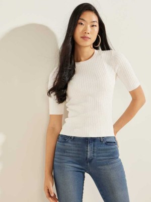 Cream Guess Naomi Ribbed Half-Sleeve Women's Sweaters | 9648-EZJIF