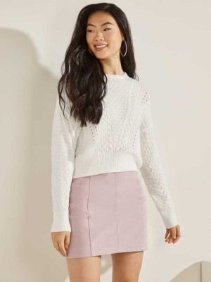 Cream White Guess Braya Cable Knit Women's Sweaters | 2670-KRYVE