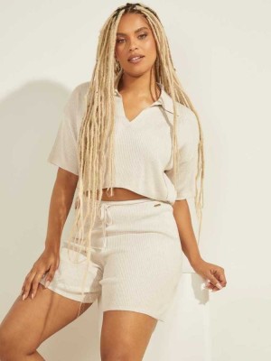 Cream White Guess Charli Oversized Polo Women's Sweaters | 5820-JTVHX