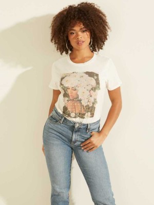 Cream White Guess Eco Roses Easy Women's T-Shirts | 9546-OVMLN