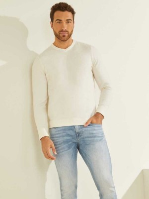 Cream White Guess Esmere Wool-Blend V-Neck Men's Sweaters | 5849-MLVRY