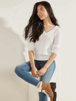 Cream White Guess Noemi Cable Knit Women's Sweaters | 1390-ATFXQ