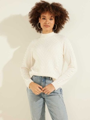 Cream White Guess Peyton Laced Cable Women's Sweaters | 0397-ZAFWS