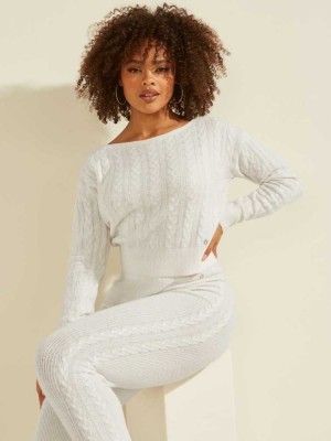 Cream White Guess Tanya Cable Knit Women's Sweaters | 9621-CAQML